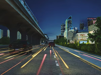 Municipal Road At Night With Vehicle Light Trails Overpass Tall Buildings Street Lights And Greenery 3d model