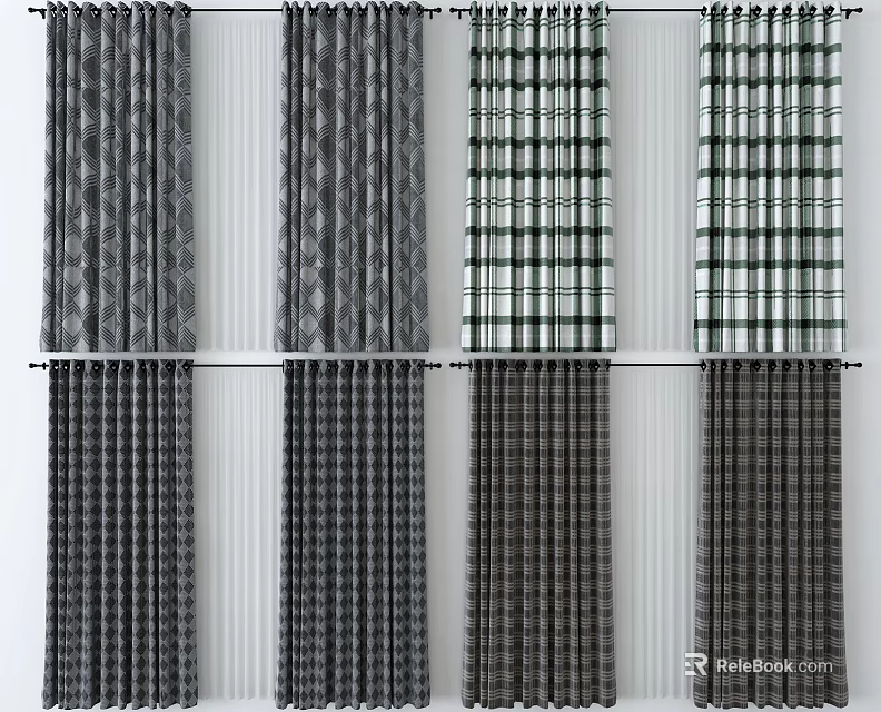 Stylish Textured And Plaid Pattern Curtains For Modern Home Interior Windows 3d model