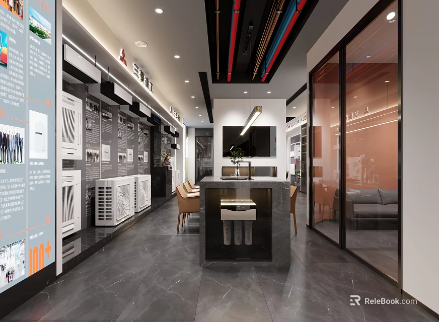 Modern Exhibition Hall Interior Featuring Displayed Appliances Sofa Glass Doors And Gray Flooring 3d model 