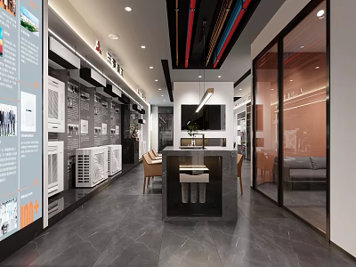 Modern Exhibition Hall Interior Featuring Displayed Appliances Sofa Glass Doors And Gray Flooring 3d model