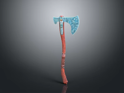 Decorative Traditional Axe With Blue Patterned Blade And Red Carved Handle 3d model
