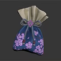 Dark Blue Japanese Drawstring Pouch With Pink Cherry Blossom Pattern Silver Top And Flower Knot