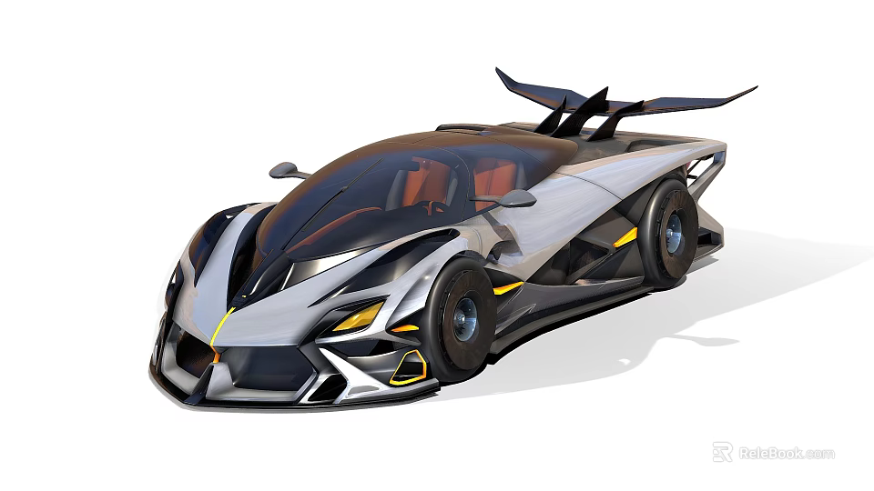 Futuristic Sports Car With Sleek Black Silver Body Rear Spoiler And Yellow Accents 3d model 