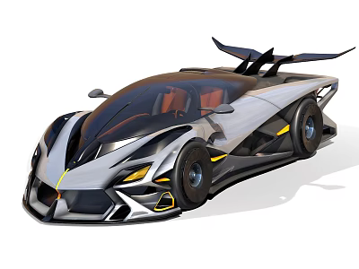 Futuristic Sports Car With Sleek Black Silver Body Rear Spoiler And Yellow Accents 3d model