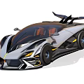 Futuristic Sports Car With Sleek Black Silver Body Rear Spoiler And Yellow Accents