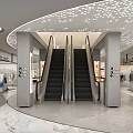 Modern Shopping Mall Interior With Escalators Perforated Ceiling Marble Floor Stores And Shoppers