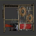 Traditional Weapons Displayed on Bamboo Frame With Shields and Spears 3d model
