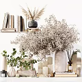 Natural Decorative Ornament Set With Green Eucalyptus Leaves White Blossoms Books Candles And Golden Accents