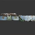 Abandoned Indoor Scene With Blue Walls Peeling Paint Debris And Broken Furniture