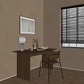 Cozy Wooden Desk with Table Lamp Vase Books and Chair Near Window Blinds Framed Art