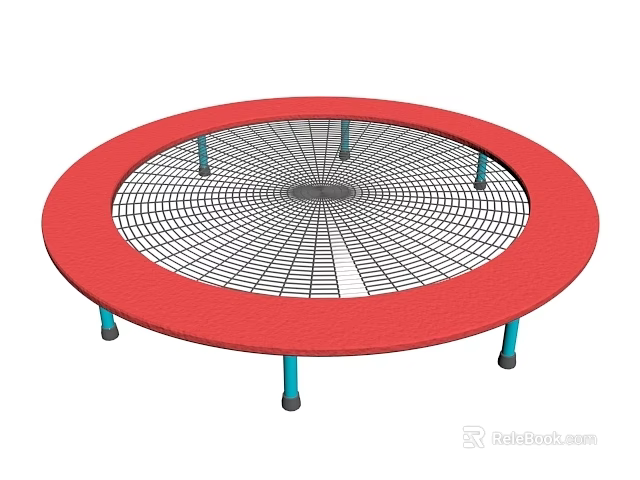 Circular Red Frame Trampoline Play Equipment with Black Net and Blue Support Legs 3d model 