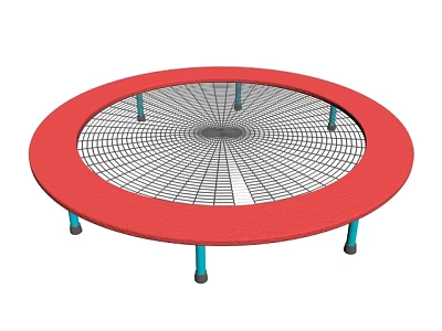Circular Red Frame Trampoline Play Equipment with Black Net and Blue Support Legs 3d model