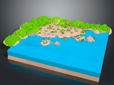 Cartoon Island Scene With Blue Water Green Trees Sandy Beach And Palm Trees 3d model