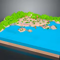 Cartoon Island Scene With Blue Water Green Trees Sandy Beach And Palm Trees