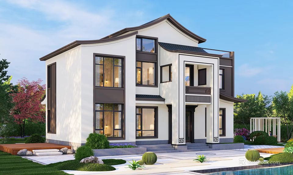 Modern Two Story Detached Villa With White Walls Black Windows And Lush Garden 3d model 