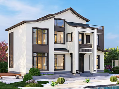 Modern Two Story Detached Villa With White Walls Black Windows And Lush Garden 3d model