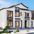 Modern Two Story Detached Villa With White Walls Black Windows And Lush Garden