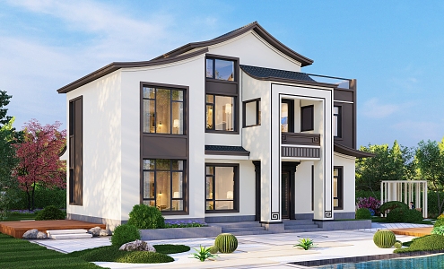 New Chinese-style two-story villa appearance su model 3d model