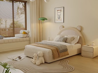 Kids Bedroom Interior With Bear Ear Headboard Stuffed Bears Green Floor Lamp And Wavy Rug 3d model