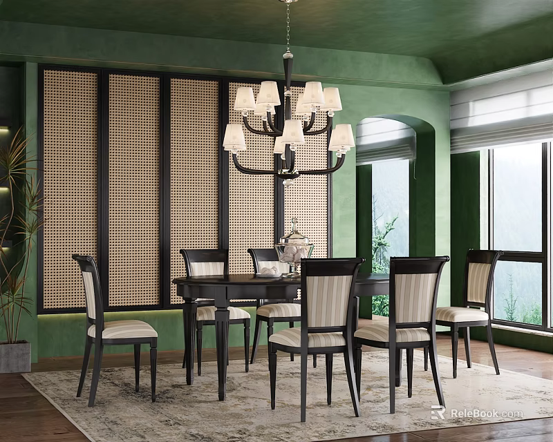 Elegant Restaurant Interior With Green Walls Wicker Screens Chandelier Dining Table And Chairs 3d model 