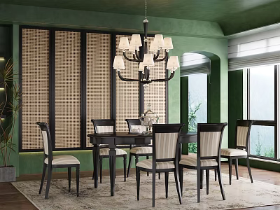 Elegant Restaurant Interior With Green Walls Wicker Screens Chandelier Dining Table And Chairs 3d model