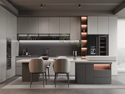 Modern Kitchen Interior Design With Gray Cabinets Island Counter And Built-in Appliances 3d model