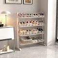 White Multi Tiered Shoe Rack for Storing Shoes in Modern Interior with Woven Basket