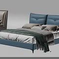 Elegant Modern Double Bed with Blue Beige Headboard Gray Bedding and Pillows 3d model