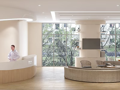 Modern Hospital Outpatient Clinic with Reception Desk Large Windows Natural Views Waiting Area Sofa and TV 3d model
