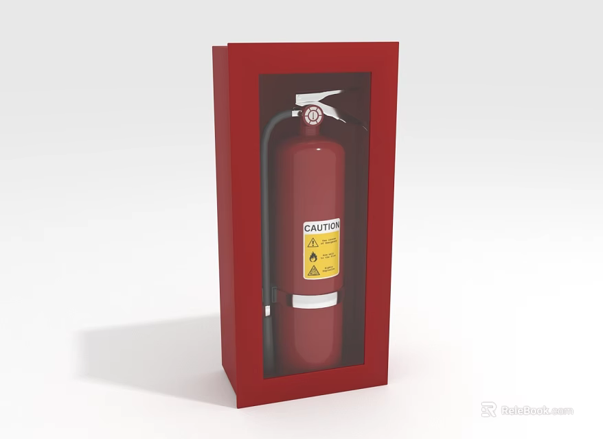 Red Cabinet Enclosed Fire Extinguisher With Safety Warning Label 3d model 
