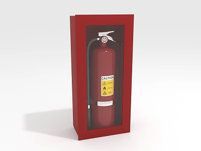 Red Cabinet Enclosed Fire Extinguisher With Safety Warning Label 3d model