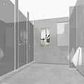Modern Public Toilet With Glass Partitions Gray Walls Window Blinds Daisy Painting And Urinals