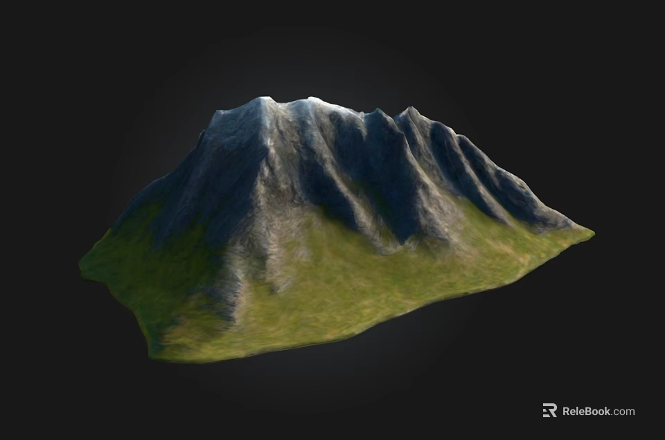 Mountain Terrain Featuring Snow Capped Peak Rocky Surface And Green Grassy Base 3d model 