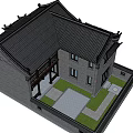 Chinese Style Detached Villa With Gray Tiled Roof Wooden Structure And Green Courtyard
