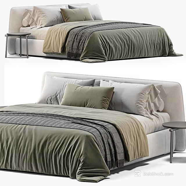 Elegant Modern Double Bed With Green Gray Bedding Beige Pillows And Side Table 3d model