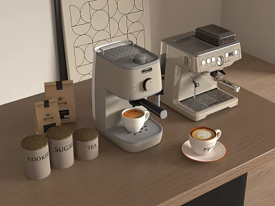 Modern Kitchen Appliances Featuring Espresso Machines Coffee Jars And Cups On Wooden Countertop 3d model