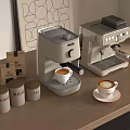 Modern Kitchen Appliances Featuring Espresso Machines Coffee Jars And Cups On Wooden Countertop