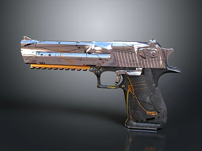Modern Futuristic Pistol With Metallic Silver Finish Black Grip Yellow Accents And Detailed Design Elements 3d model