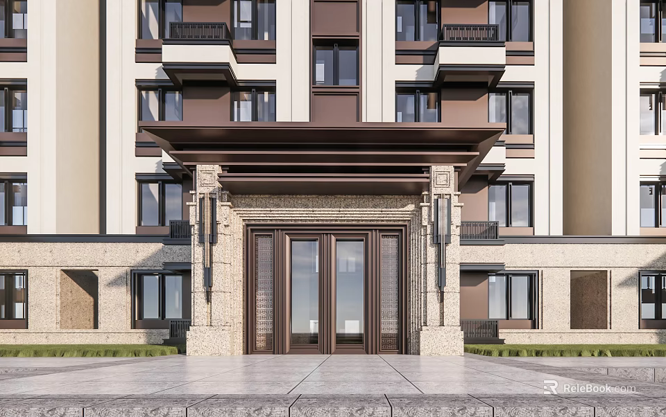 Multi Story Residential Building Entrance With Stone Decoration Balconies And Double Doors 3d model 