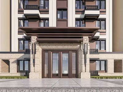 Multi Story Residential Building Entrance With Stone Decoration Balconies And Double Doors 3d model