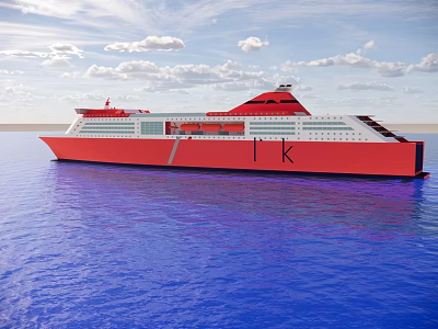 Red and White Yacht Sailing on Blue Sea Under Clear Sky with Clouds 3d model