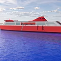 Red and White Yacht Sailing on Blue Sea Under Clear Sky with Clouds