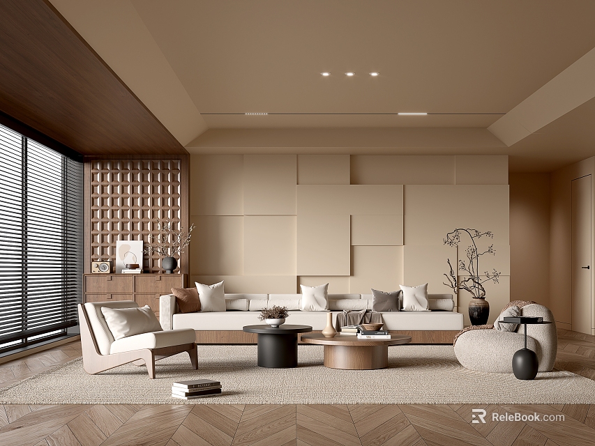 Elegant Light Luxury Living Room Interior With Sofa Coffee Table And Herringbone Floor 3d model 