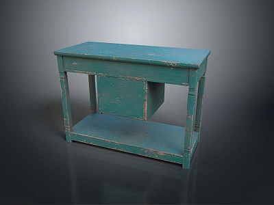 Vintage Green Old Table with Drawer Lower Shelf and Worn Surface 3d model