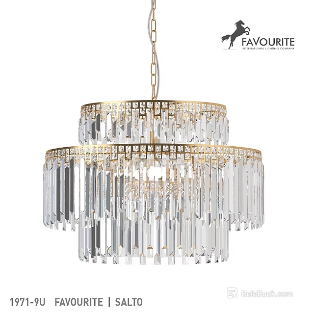 Luxurious Two Tiered Crystal Chandelier With Gold Frame And Hanging Crystals 3d model 