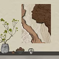 Modern Textured Wall Art With Green Plant Vase And Stone Decorations