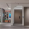 Modern Lobby Interior With Reception Desk Multiple Doors Red Decorative Wall And Gray Flooring