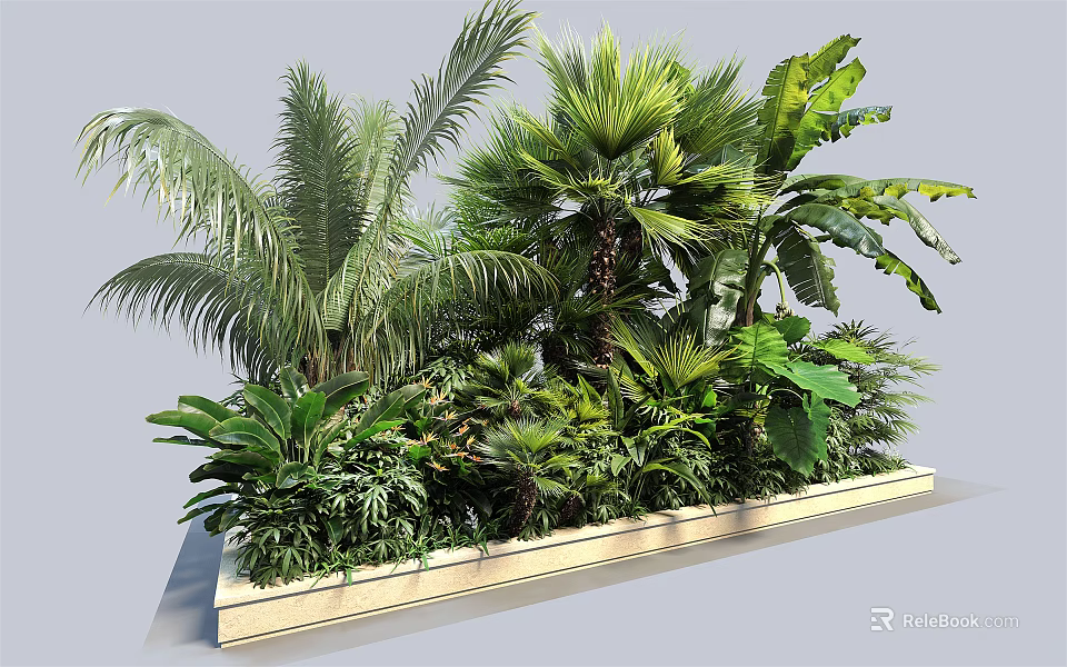 Lush Tropical Green Plants With Palm Leaves And Large Foliage In Decorative Planter 3d model 