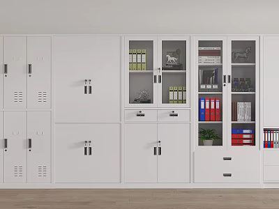 White Bookcase With Glass Doors And Storage Cabinets Featuring Books Folders And Decorative Items 3d model