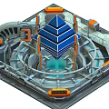 Cartoon Sci-Fi Scene Featuring Circular Structure Blue Pyramid Ring Track Hexagonal Floor and Orange Elements 3d model
